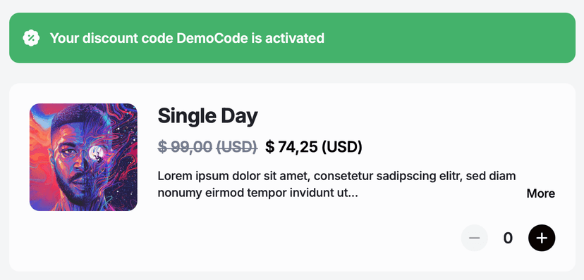 Success message showing DemoCode discount activated with 25% off applied to Single Day ticket