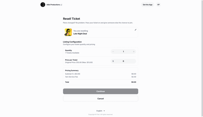 Customer resale interface showing ticket listing with quantity and pricing configuration