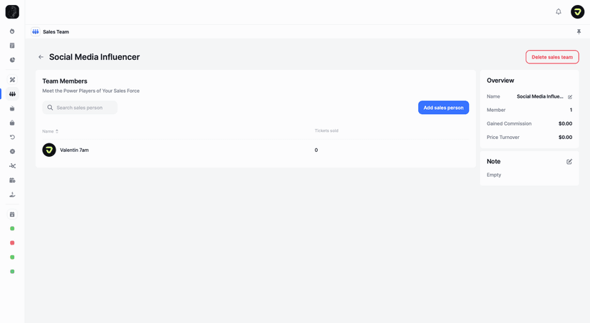 Sales team management dashboard showing member performance and commission tracking