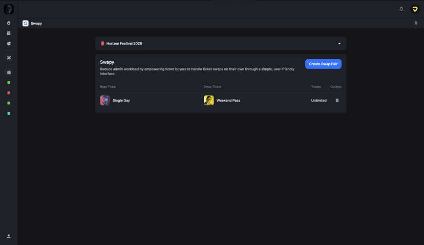 Swapy admin dashboard showing active swap pair between Single Day and Weekend Pass tickets for Horizon Festival 2026