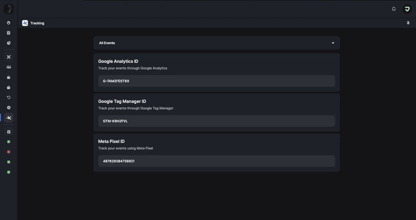 Tracking app interface showing Google Analytics, GTM and Meta Pixel ID input fields for simple analytics integration
