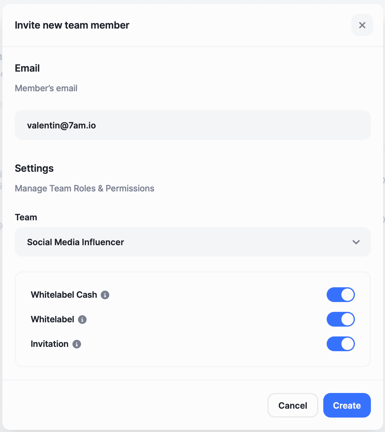Sales team invitation modal for Social Media Influencer with email and permission settings